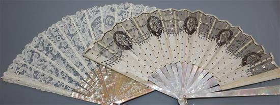 A Brussels lace fan with mother of pearl sticks, in Duvelleroy fitted box and another fan